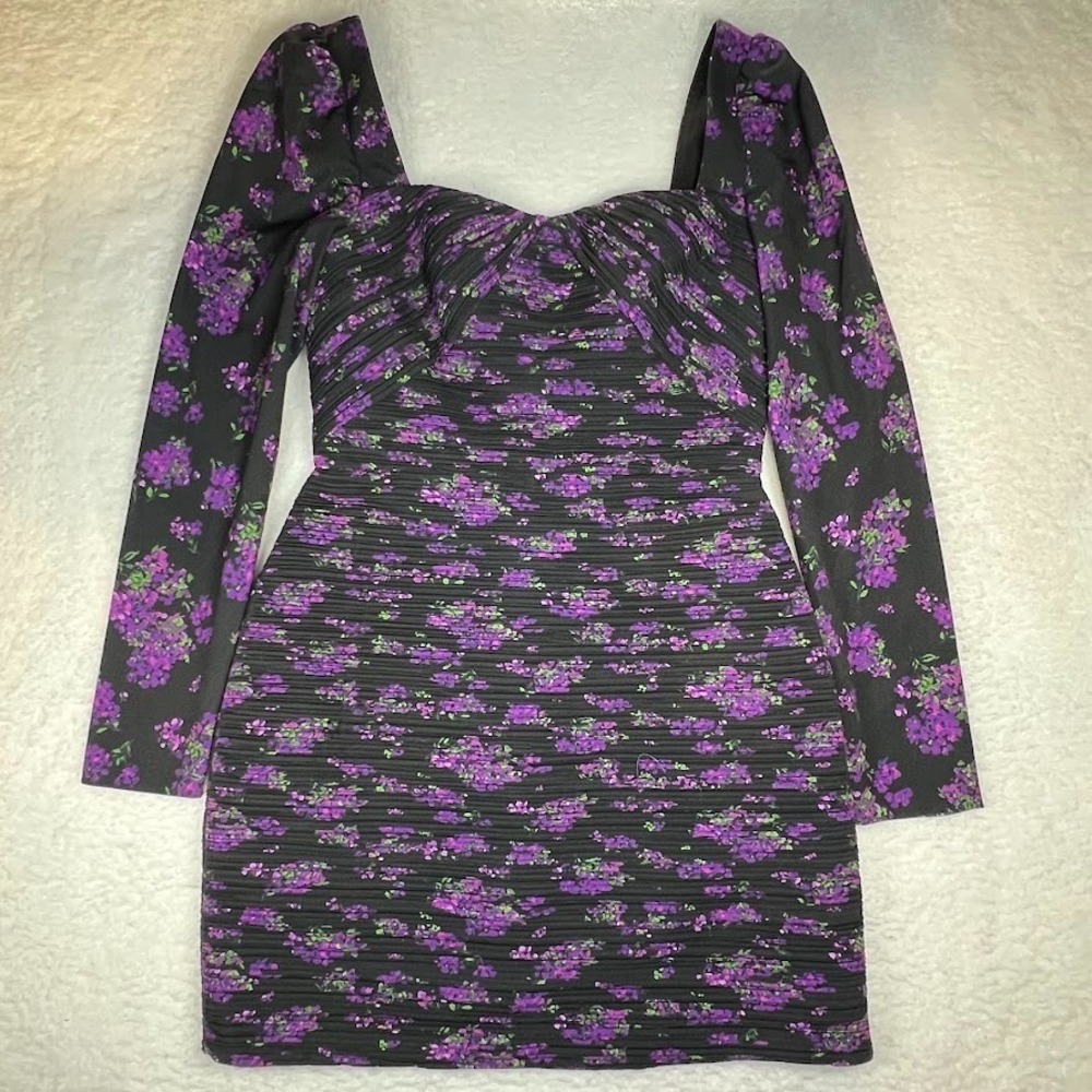 Floral Long Sleeve Mini Dress Sweetheart Neck Black Purple Romantic Size 4 AMUR - Picture 2 of 11